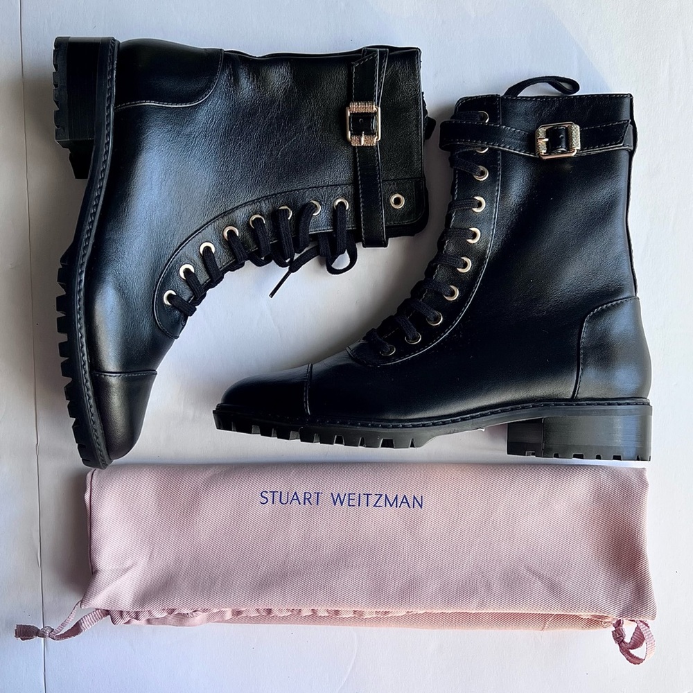 NWT Stuart Weitzman Thalia Combat Black Buckle Boots MSRP$595 SOLD OUT ONLINE